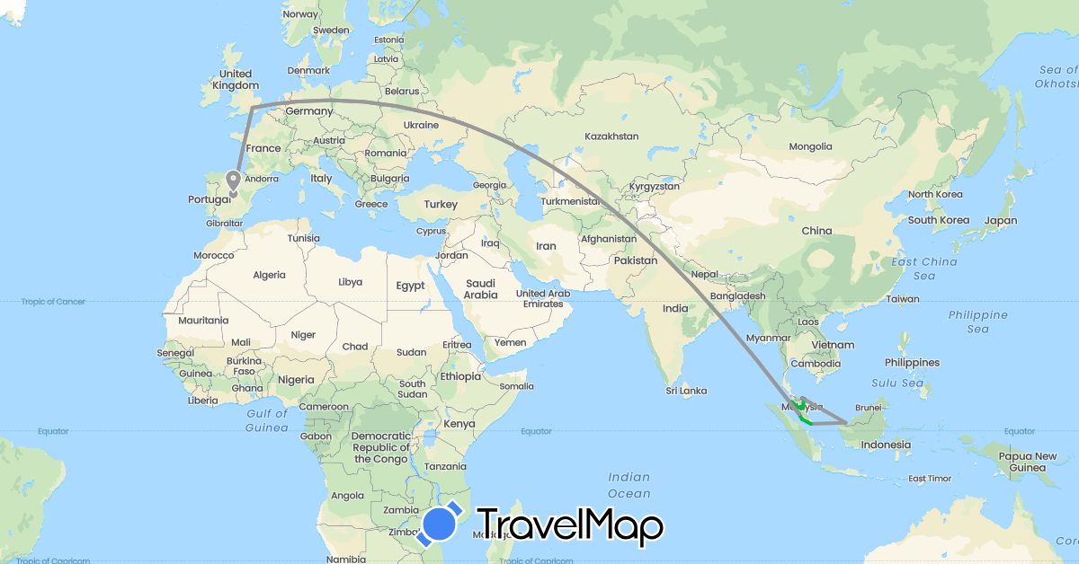 TravelMap itinerary: driving, bus, plane, boat in Spain, United Kingdom, Malaysia, Singapore (Asia, Europe)